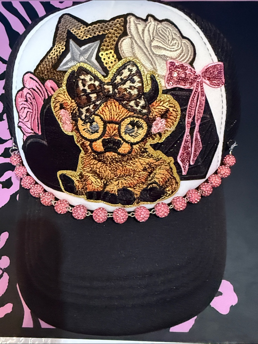 Black Cap with Pink Embellished Highland cow Patch